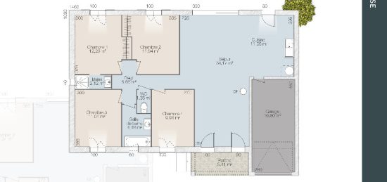 Plan de maison Surface terrain 76 m2 - 5 pièces - 2  chambres -  avec garage 