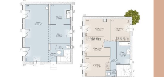 Plan de maison Surface terrain 93 m2 - 5 pièces - 3  chambres -  sans garage 