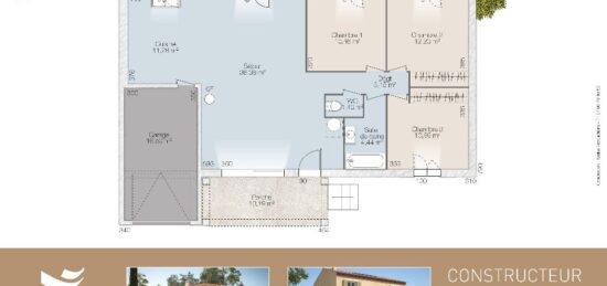 Plan de maison Surface terrain 90 m2 - 4 pièces - 3  chambres -  avec garage 